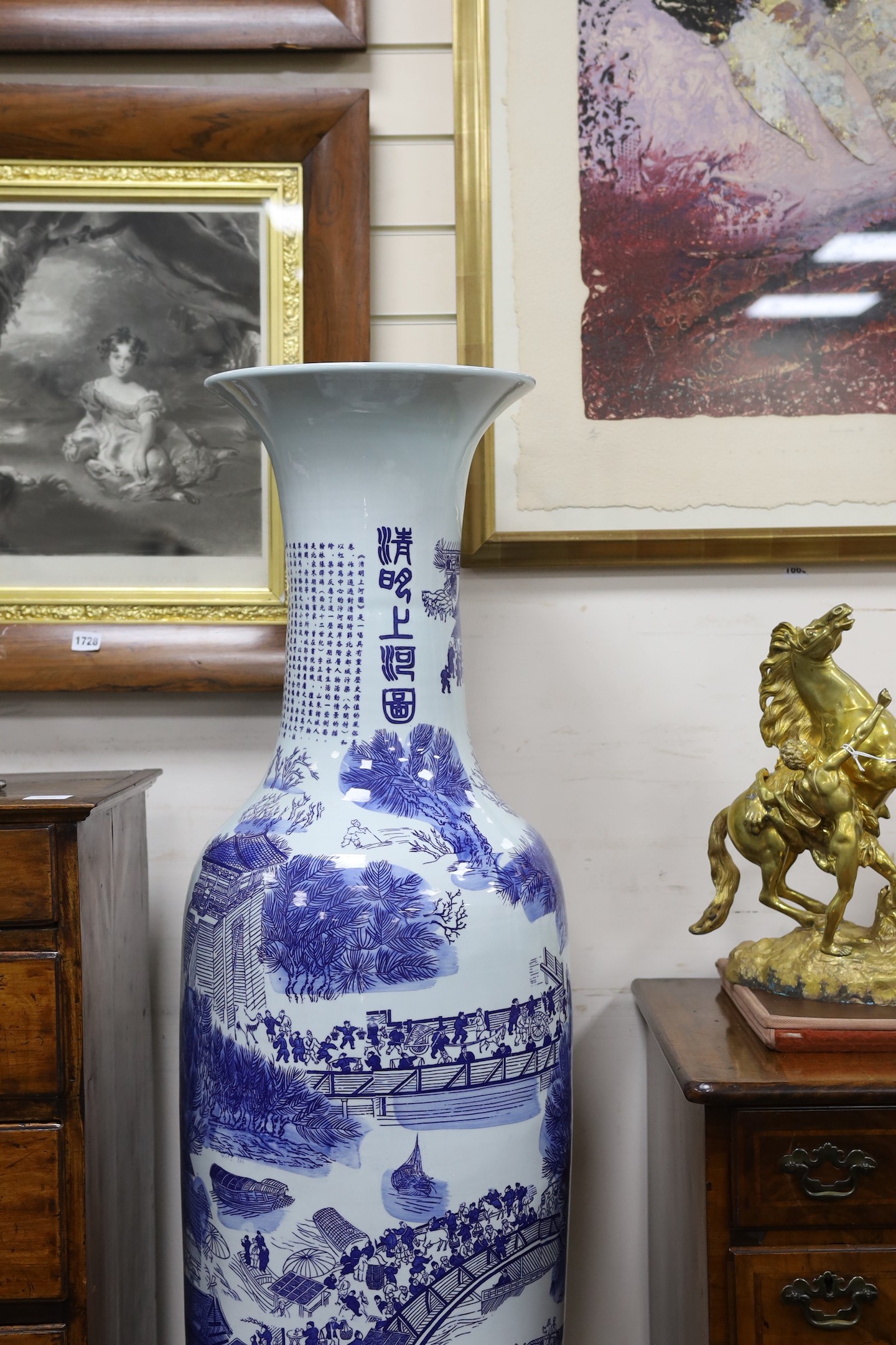 A pair of massive Chinese blue and white vases, 142cm